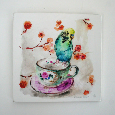Budgie on a teacup - Limited edition giclee print