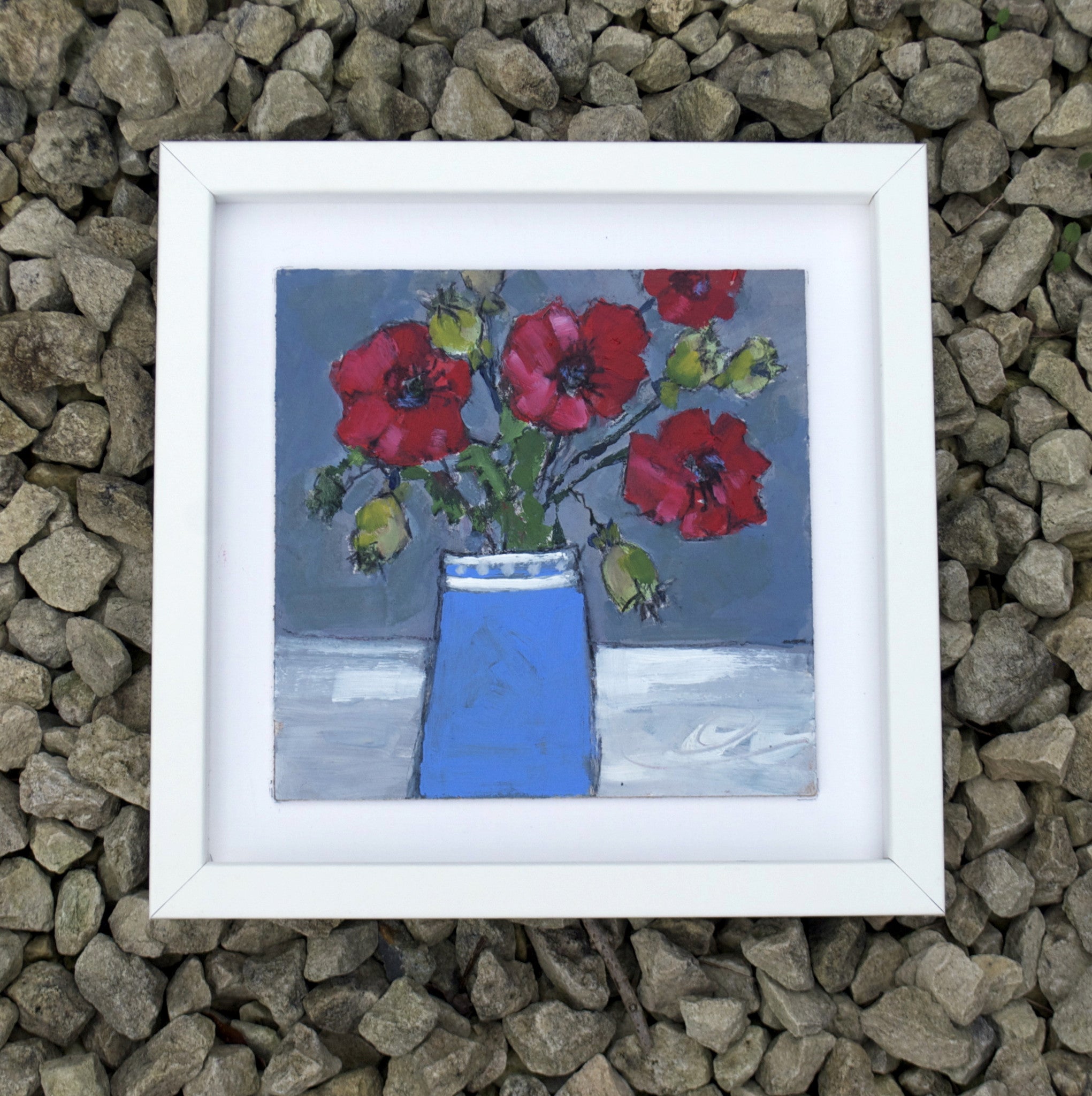 Red poppies, blue vase - Original painting