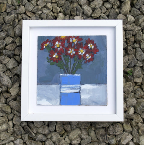 Red daisies, blue vase - Original painting